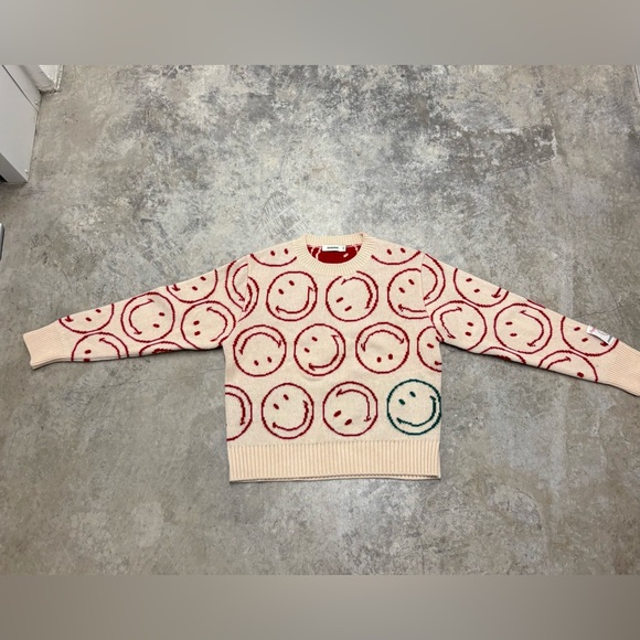 Sandro Cream and Red‎ Crewneck Sweater with Playful Smiley Pattern - Picture 1 of 3